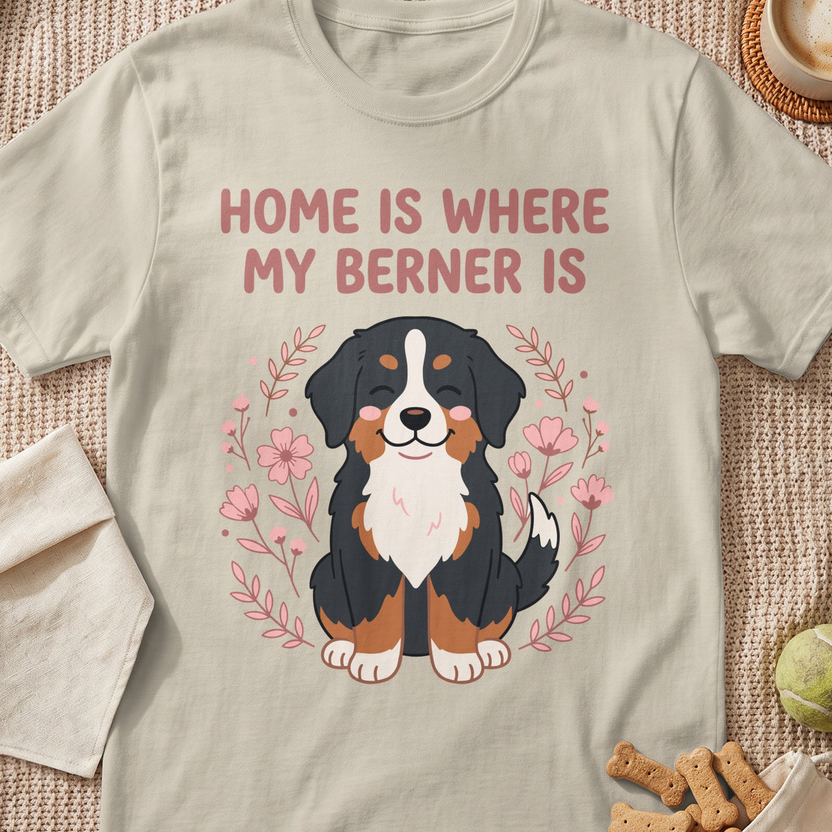 Bernese Mountain Dog illustration with text "Home Is Where My Berner Is".