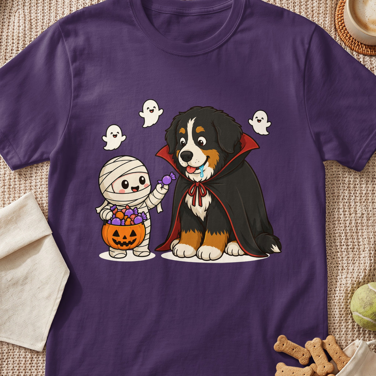 Bernese Mountain Dog in vampire cape and mummy trick-or-treating with ghosts.