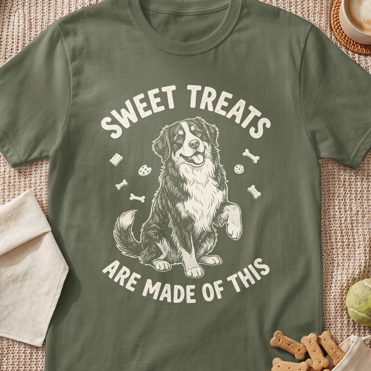T-shirt with a drawing of a Bernese Mountain Dog and text "Sweet Treats Are Made of This."