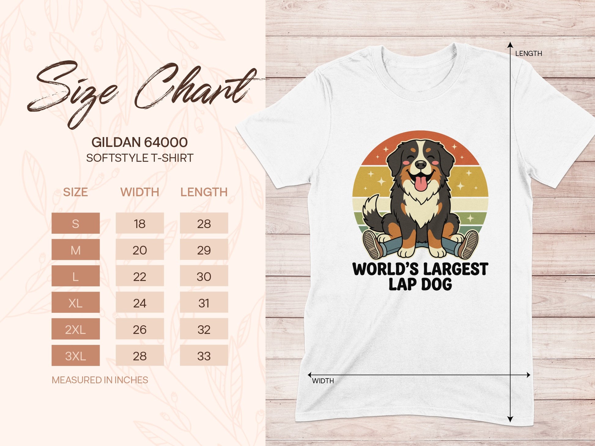Gildan 64000 softstyle t-shirt size chart with dog graphic.