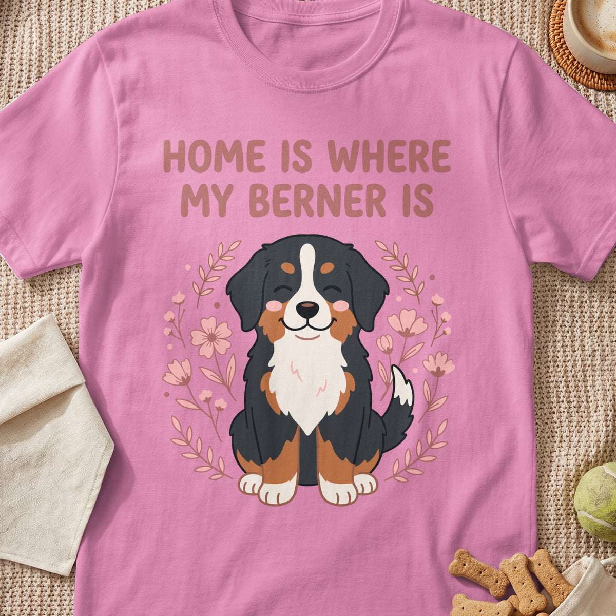 Pink t-shirt with "HOME IS WHERE MY BERNER IS" and a cartoon Bernese Mountain Dog.