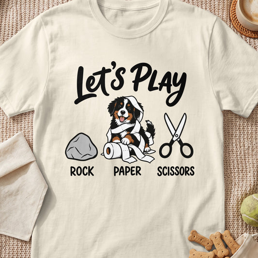 Let's Play text with a dog, rock, paper, and scissors.