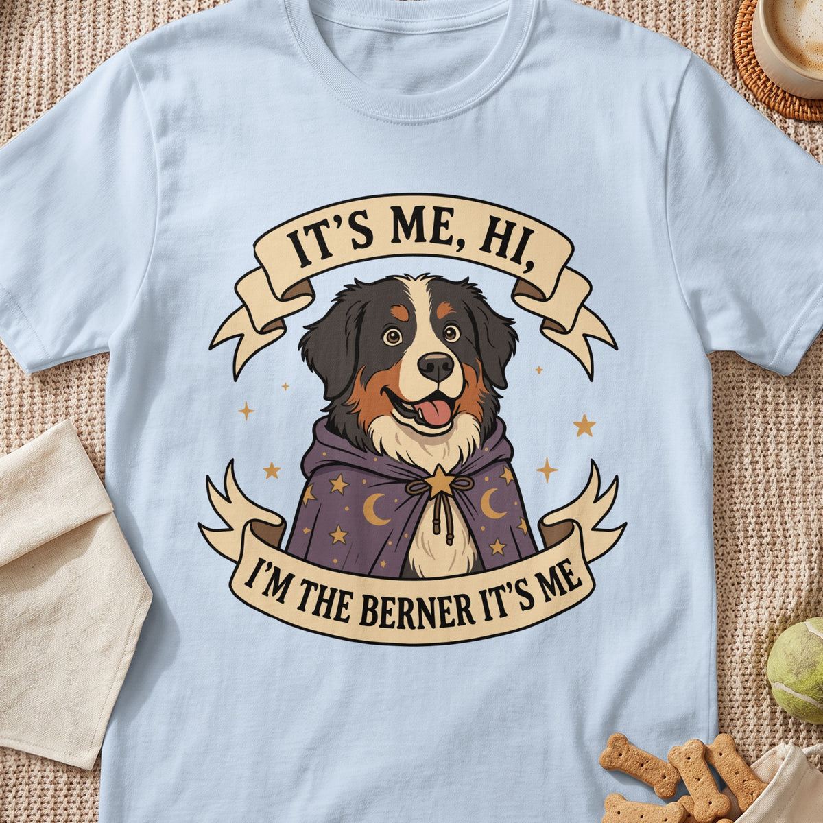 Bernese Mountain Dog in wizard robe with text "IT'S ME, HI, I'M THE BERNER IT'S ME".