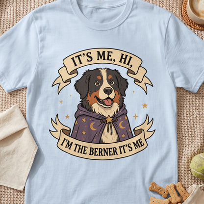 Bernese Mountain Dog in wizard robe with text "IT'S ME, HI, I'M THE BERNER IT'S ME".
