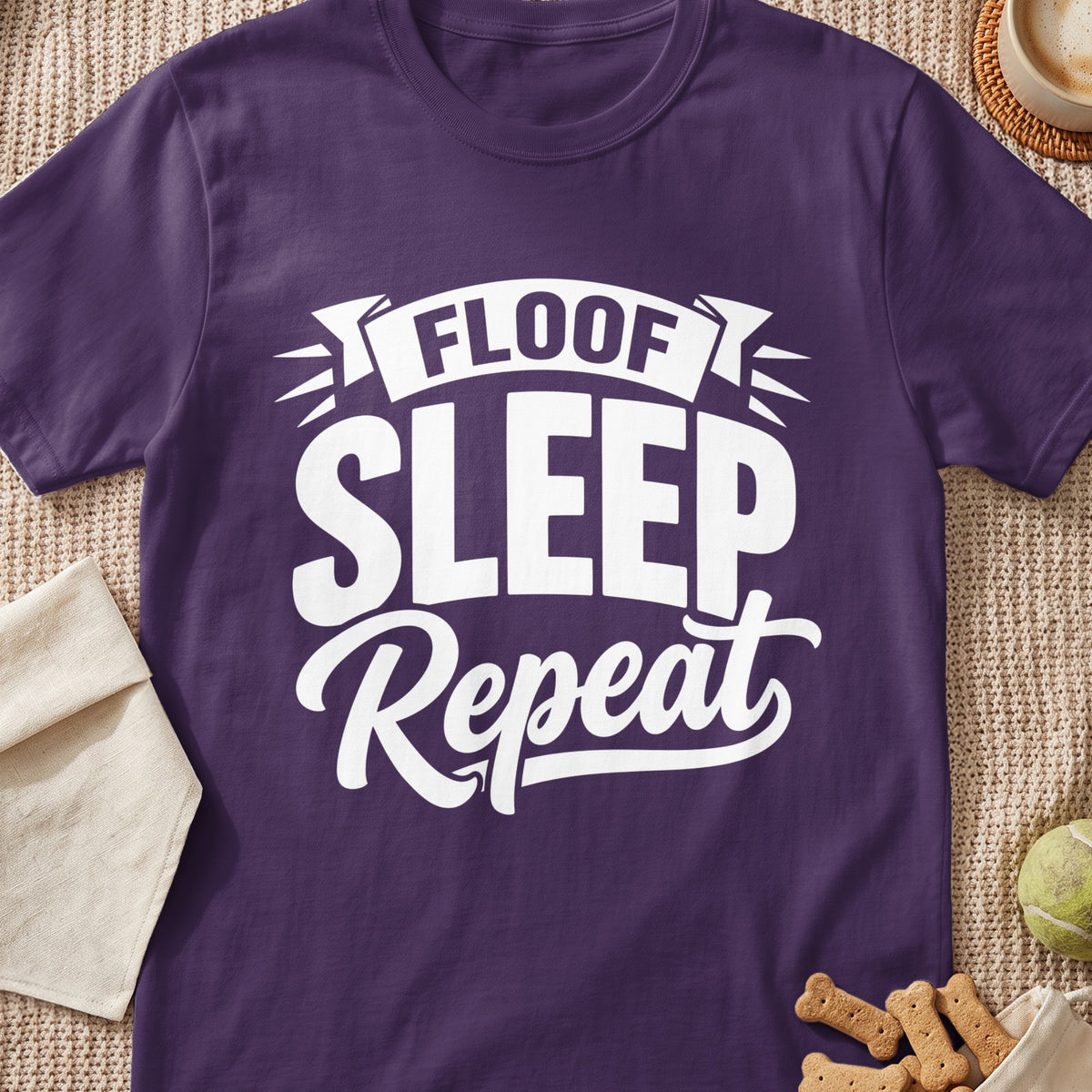 Purple t-shirt with white text: "Floof Sleep Repeat"