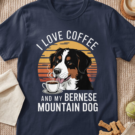 Dark blue t-shirt with text "I LOVE COFFEE AND MY BERNESE MOUNTAIN DOG" and illustration.