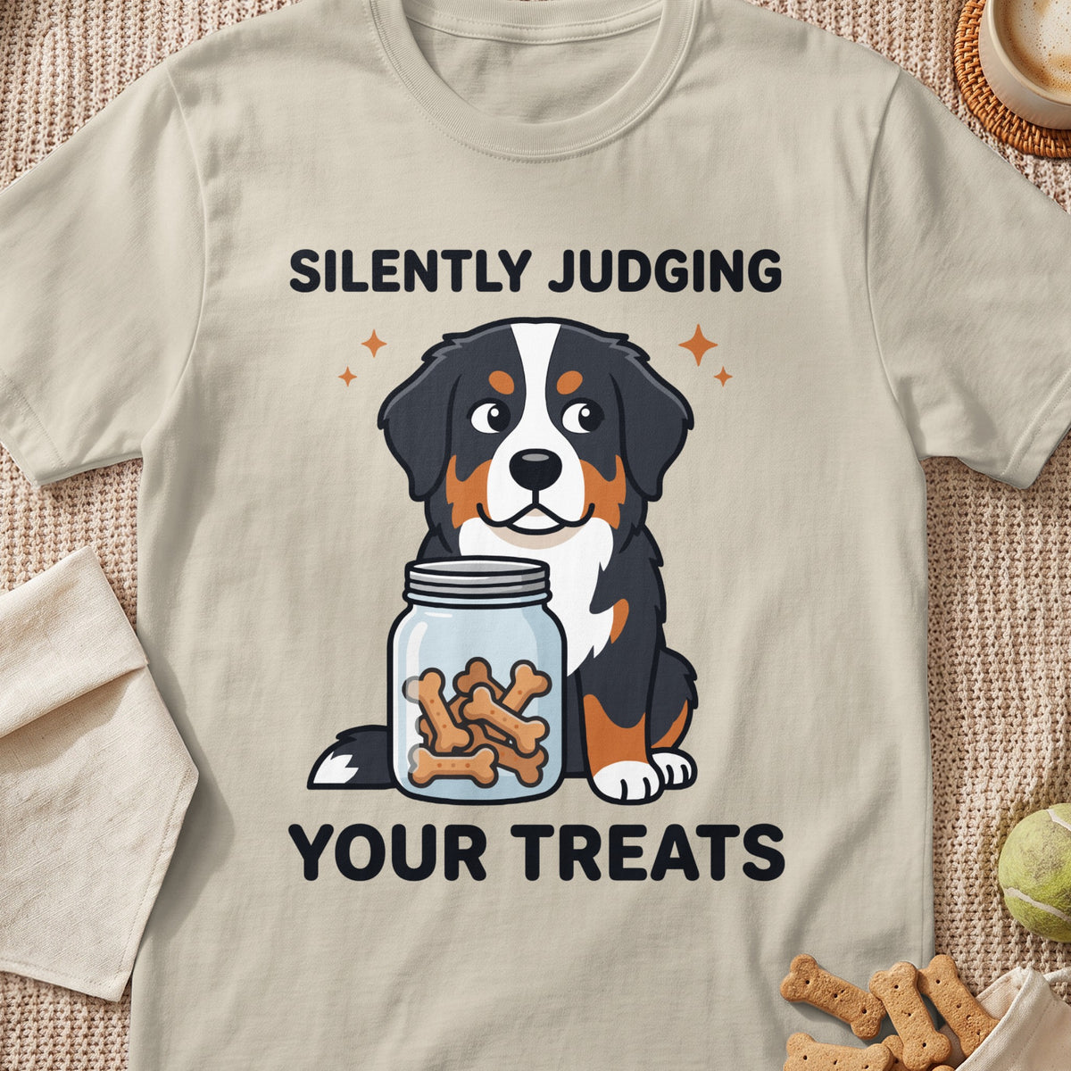 Bernese Mountain Dog sits by a jar of treats with text "Silently Judging Your Treats".
