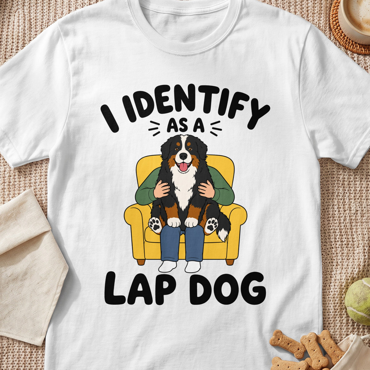 Bernese Mountain Dog sitting on lap with text "I identify as a lap dog".