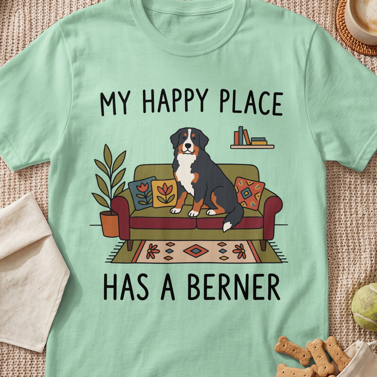 Mint green t-shirt with a Bernese Mountain Dog sitting on a couch, text reads "My Happy Place Has A Berner".