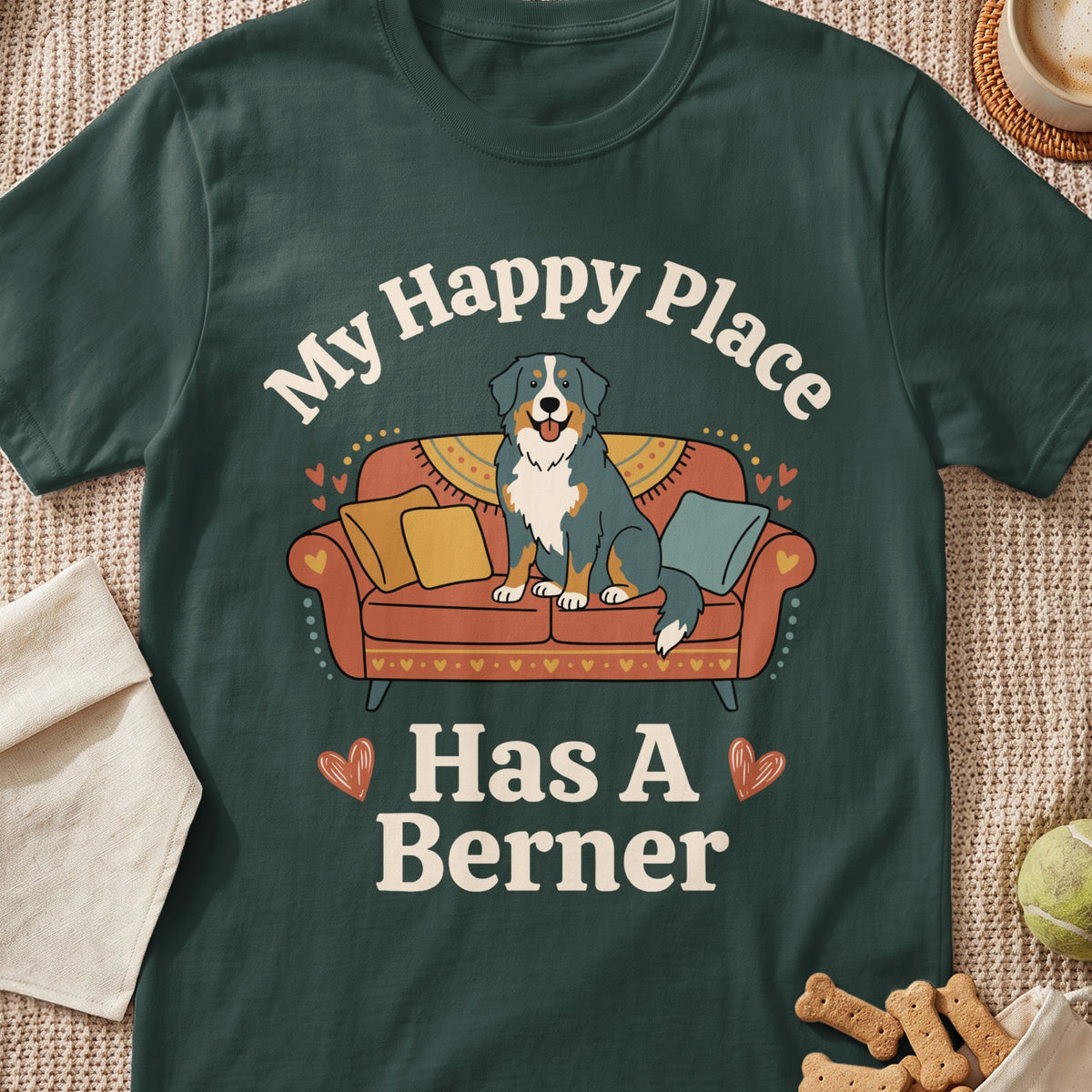 Bernese Mountain Dog sitting on a couch with text "My Happy Place Has A Berner".