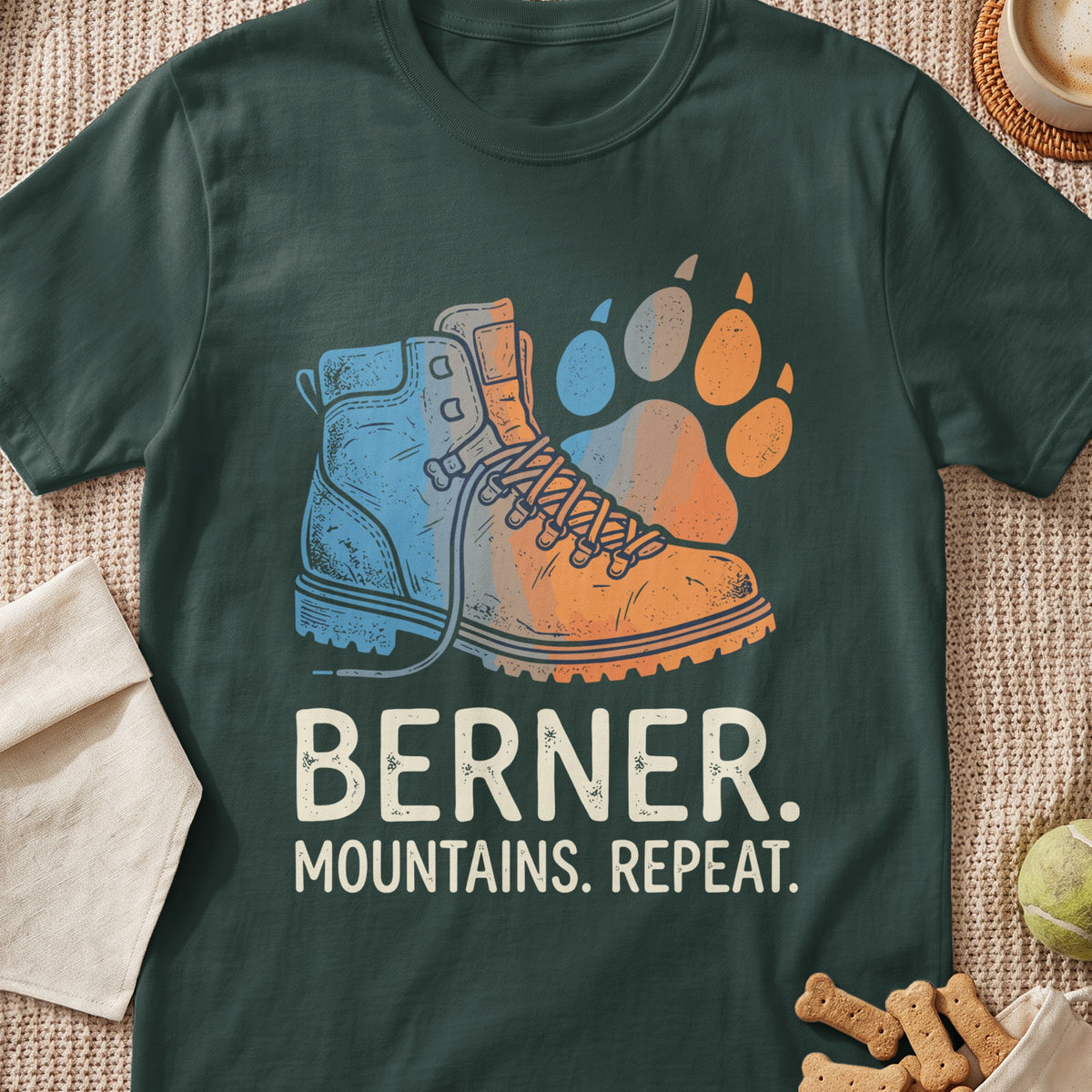 Hiking boot graphic with paw print and text "BERNER. MOUNTAINS. REPEAT."