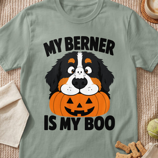 Bernese Mountain Dog with a ghost on nose and pumpkin, text "MY BERNER IS MY BOO".