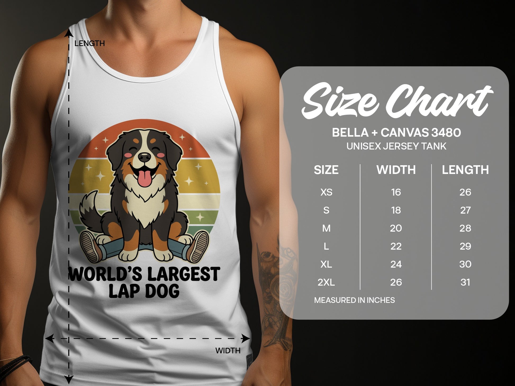 White tank top with "World's Largest Lap Dog" graphic and size chart.