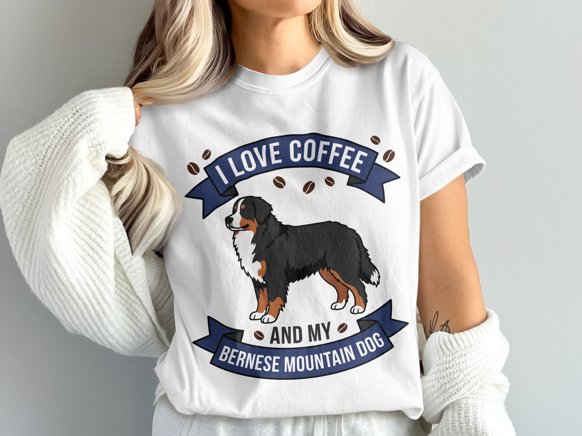White t-shirt with "I Love Coffee And My Bernese Mountain Dog" text and illustration.