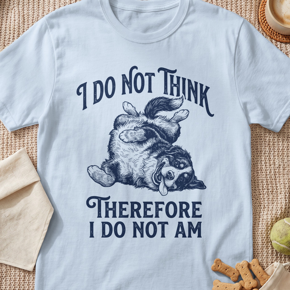 White t-shirt with text "I DO NOT THINK THEREFORE I DO NOT AM" and dog graphic.