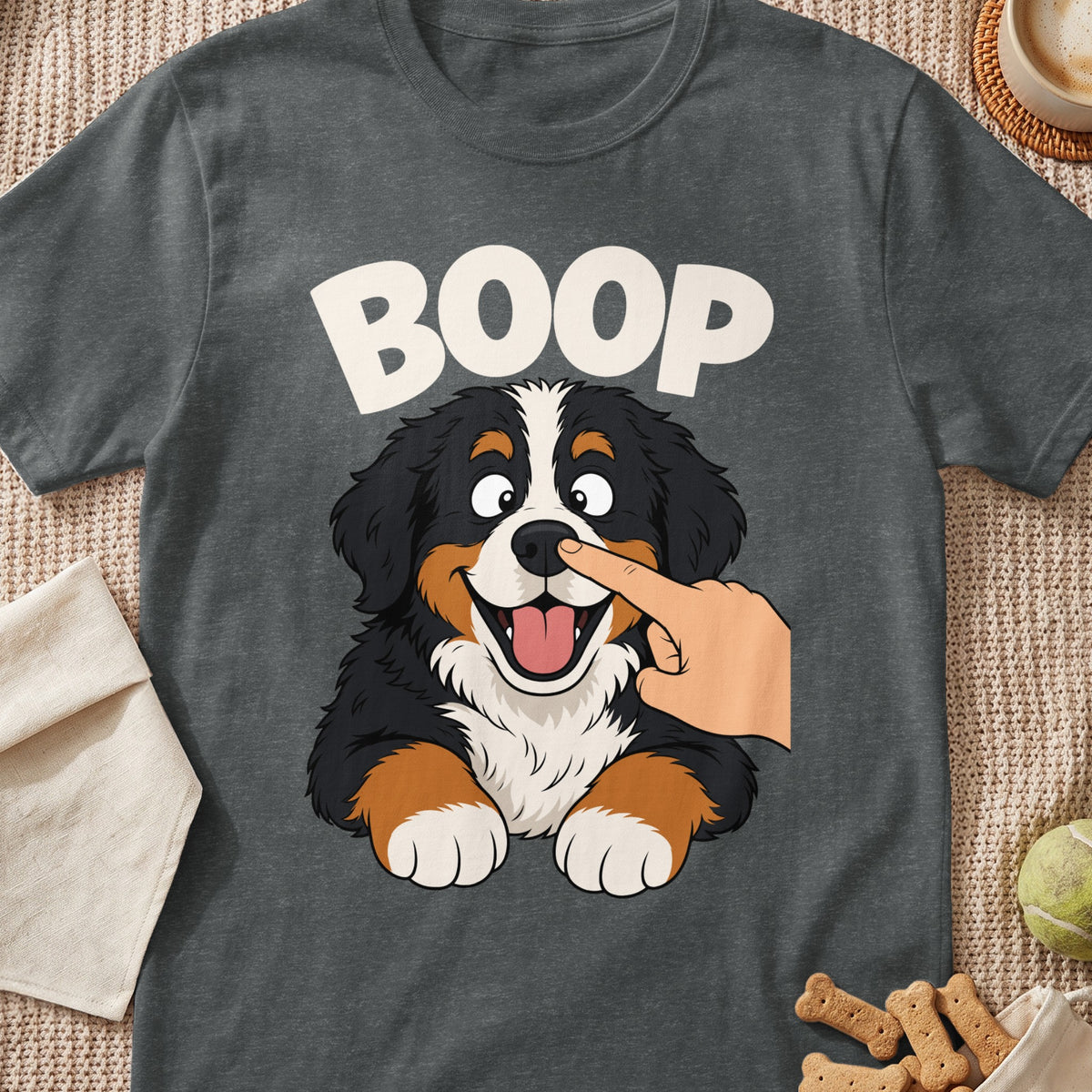 Bernese Mountain Dog puppy with "BOOP" text, finger booping its nose.