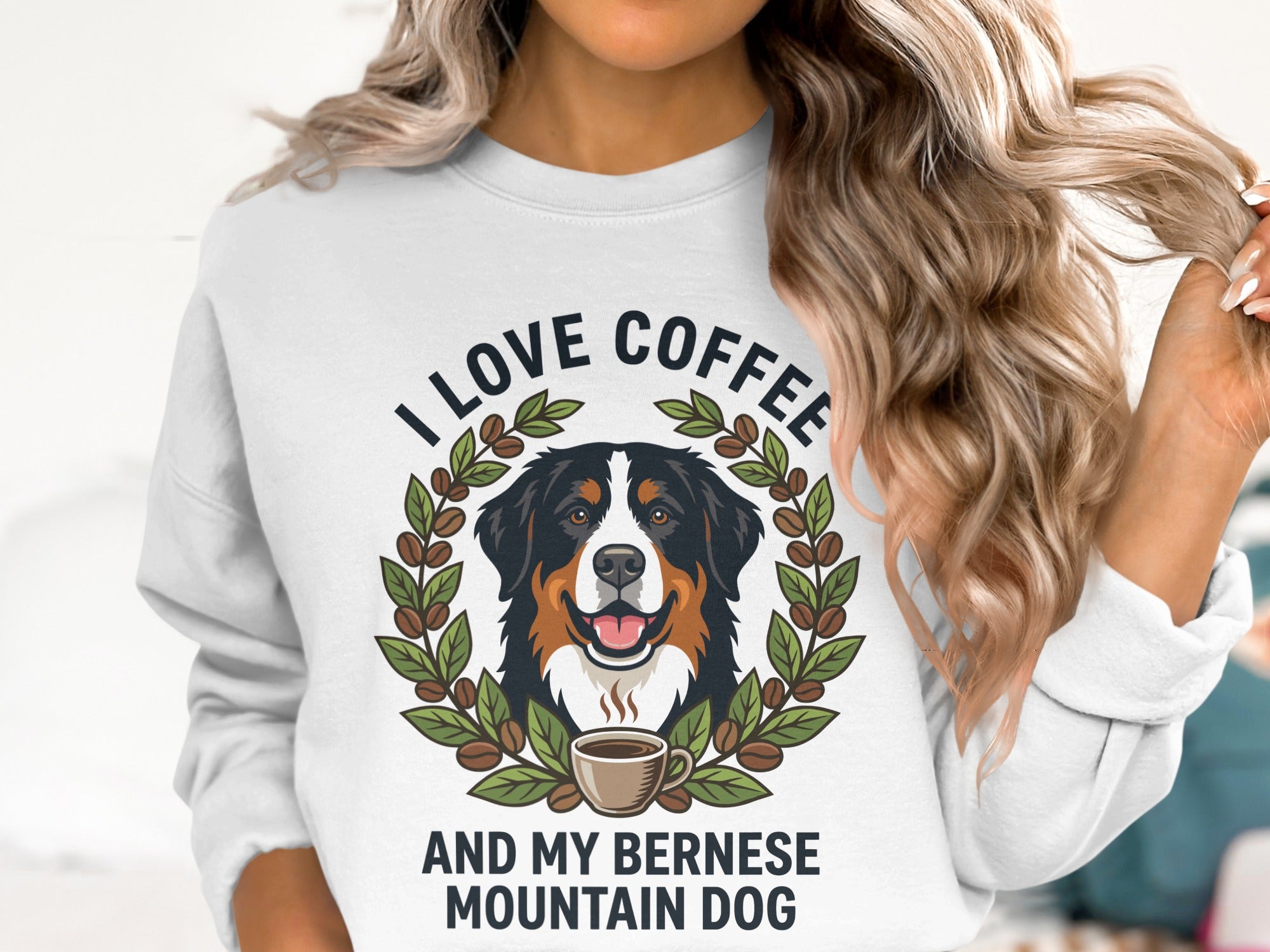 Bernese Mountain Dog face in coffee wreath with text "I LOVE COFFEE AND MY BERNESE MOUNTAIN DOG".