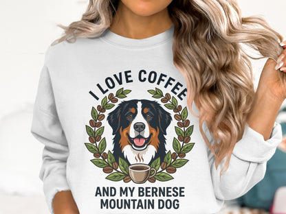 Bernese Mountain Dog face in coffee wreath with text "I LOVE COFFEE AND MY BERNESE MOUNTAIN DOG".