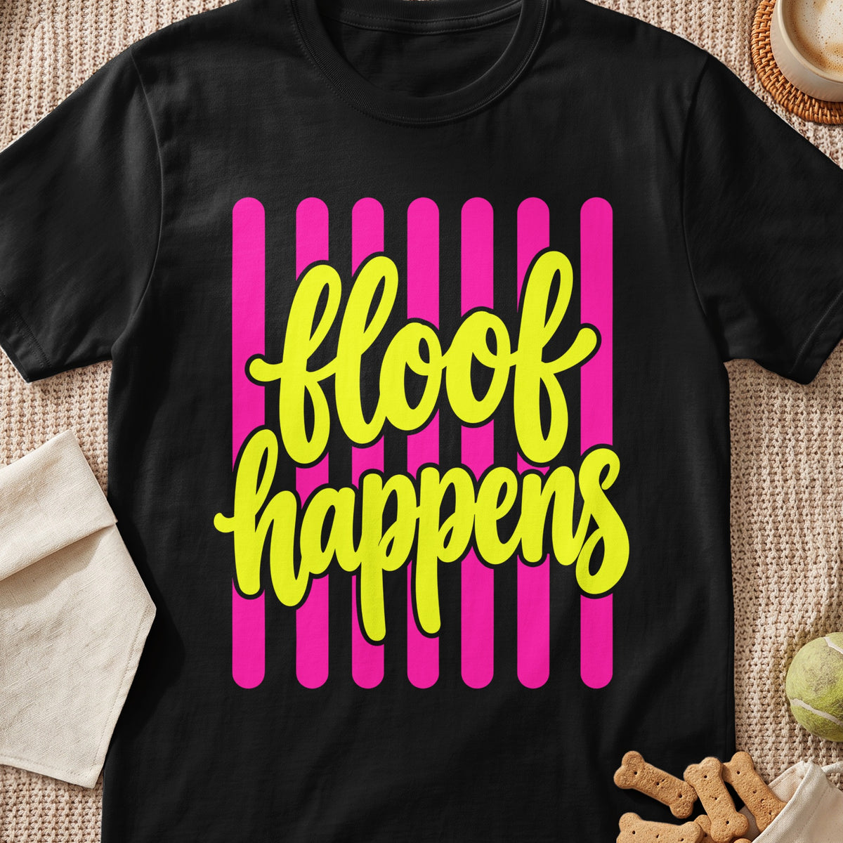 Black t-shirt with yellow text "floof happens" against pink vertical stripes.