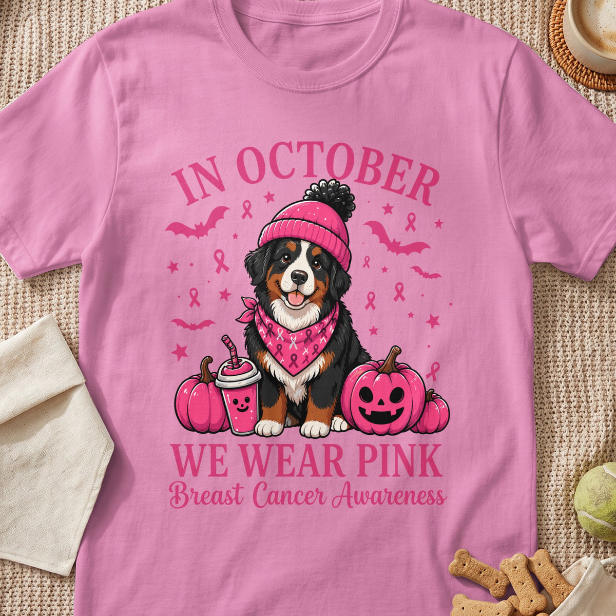 Pink t-shirt with Bernese Mountain Dog, pumpkins, and text "In October We Wear Pink Breast Cancer Awareness".