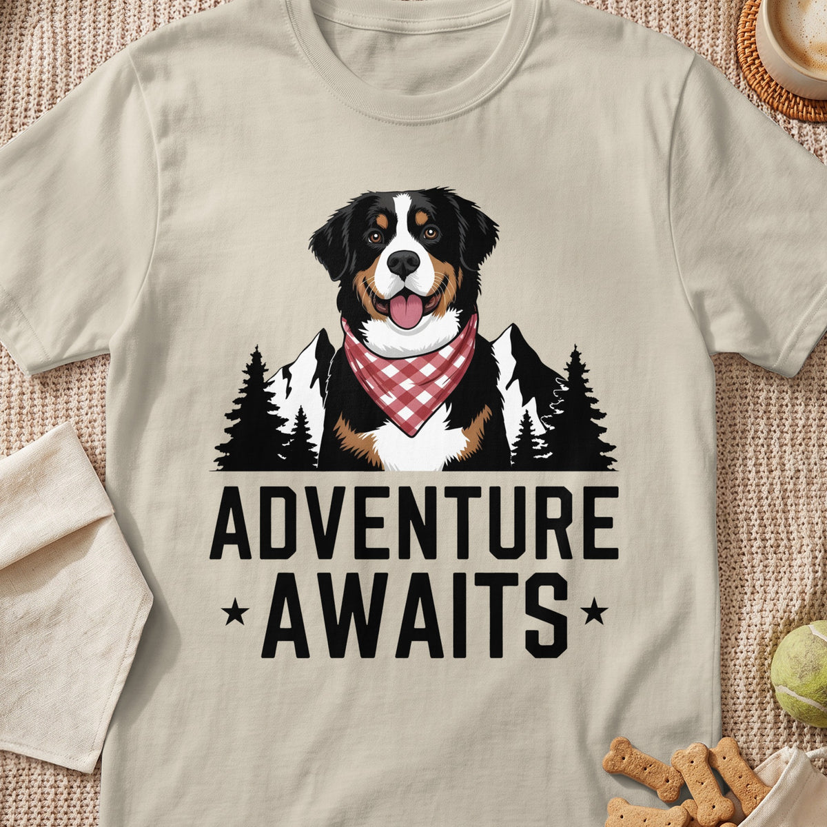 Bernese Mountain Dog with red bandana, mountains, trees, and text "ADVENTURE AWAITS".
