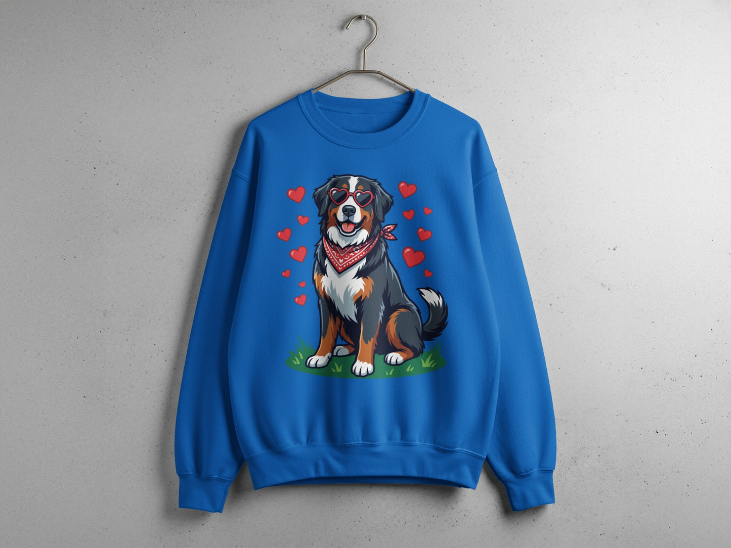 Cute Dog with Hearts Graphic on Blue Sweatshirt