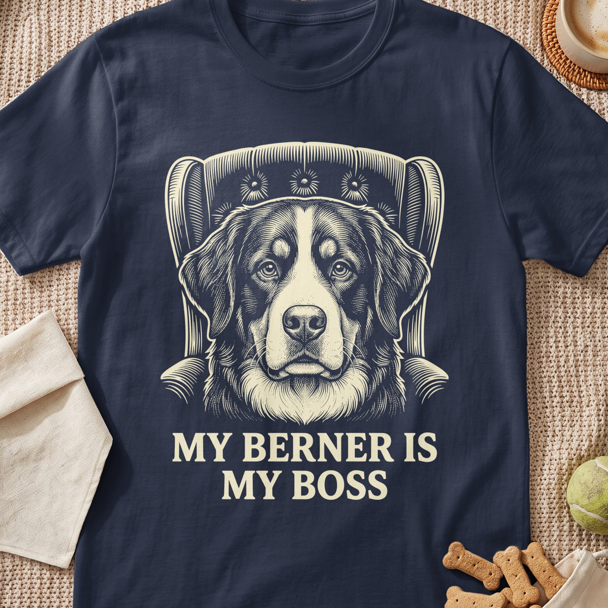 Bernese Mountain Dog portrait with text "MY BERNER IS MY BOSS".