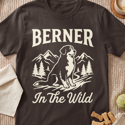 Brown t-shirt with "BERNER In The Wild" text and a dog in a mountain landscape graphic.