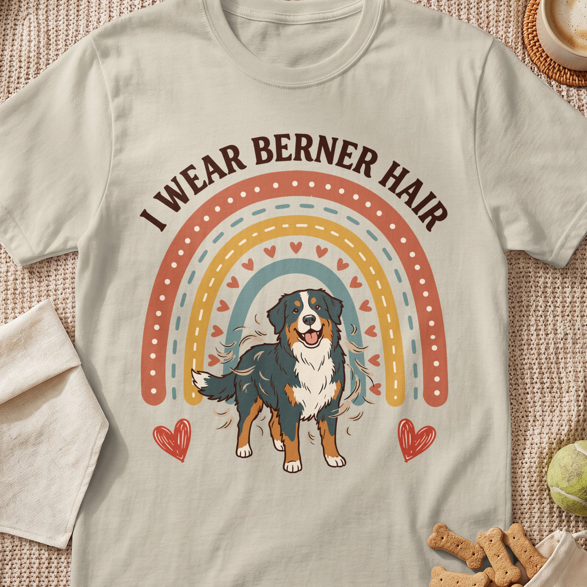 Bernese Mountain Dog with rainbow graphic that reads "I wear Berner hair".