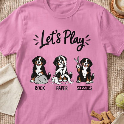 Bernese Mountain Dogs playing Rock Paper Scissors with text "Let's Play".