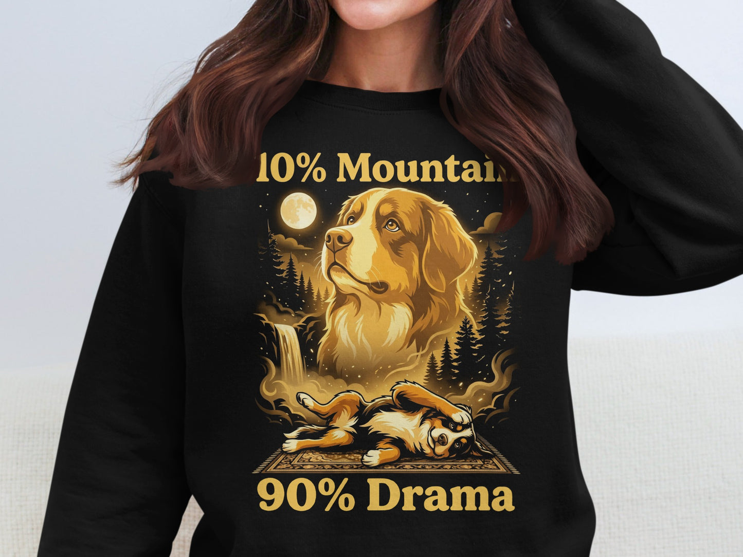 Black t-shirt graphic with "10% Mountain" and "90% Drama" text and dogs.