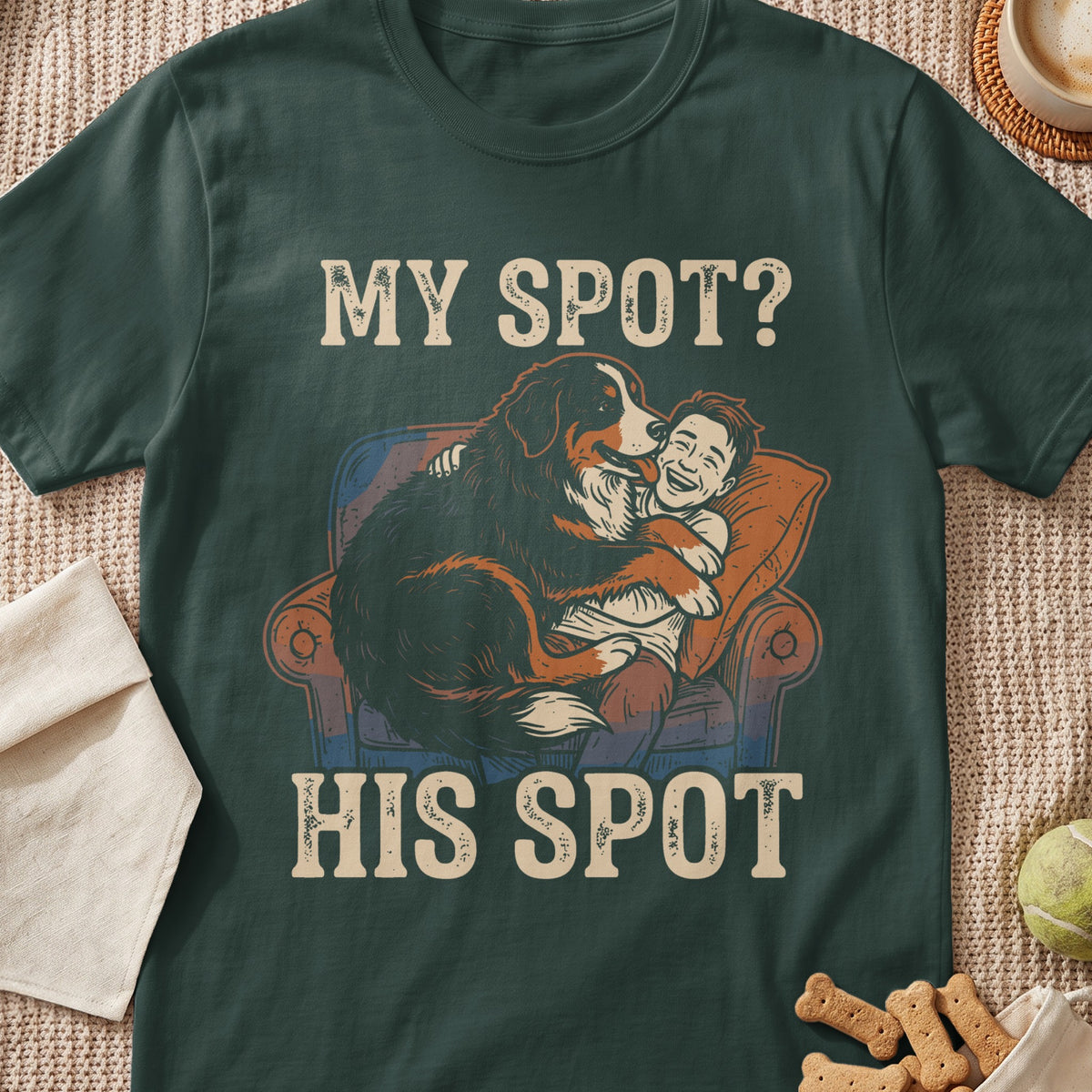 Bernese mountain dog hugs laughing boy on chair with text "MY SPOT? HIS SPOT."