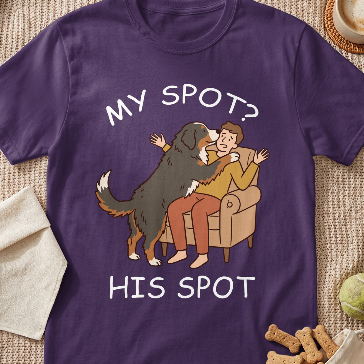Bernese Mountain Dog hugs person on couch with text "MY SPOT? HIS SPOT".