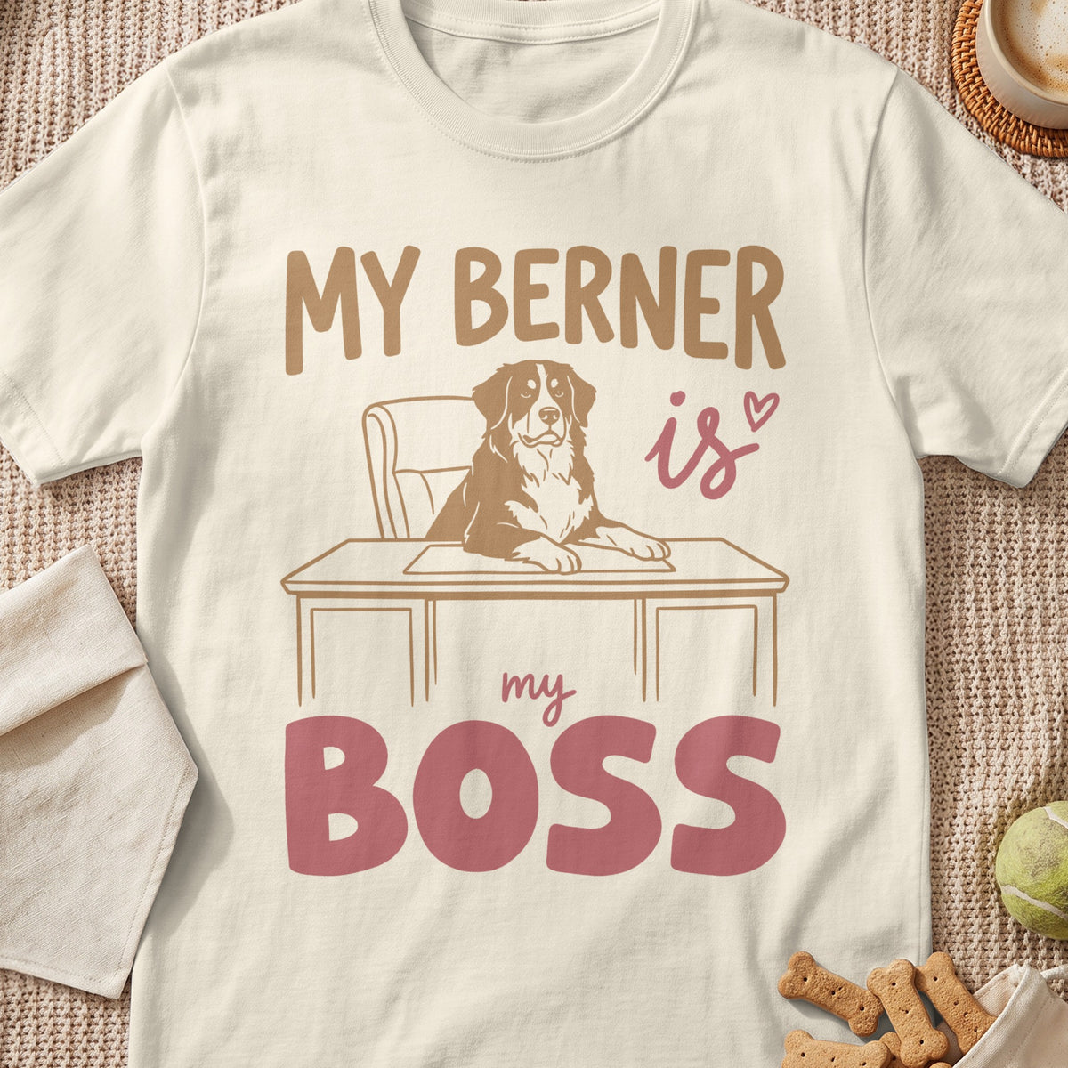 Bernese Mountain Dog sitting at a desk with text "MY BERNER is my BOSS".