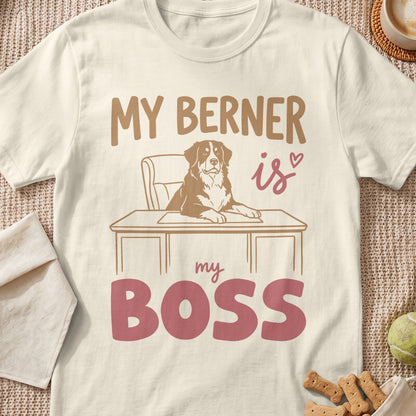Bernese Mountain Dog sitting at a desk with text "MY BERNER is my BOSS".