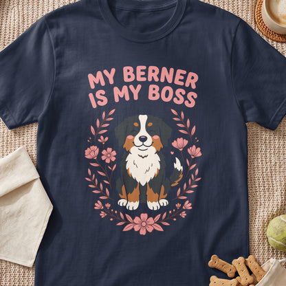Dark blue t-shirt with "My Berner is My Boss" text and a Bernese Mountain Dog illustration.