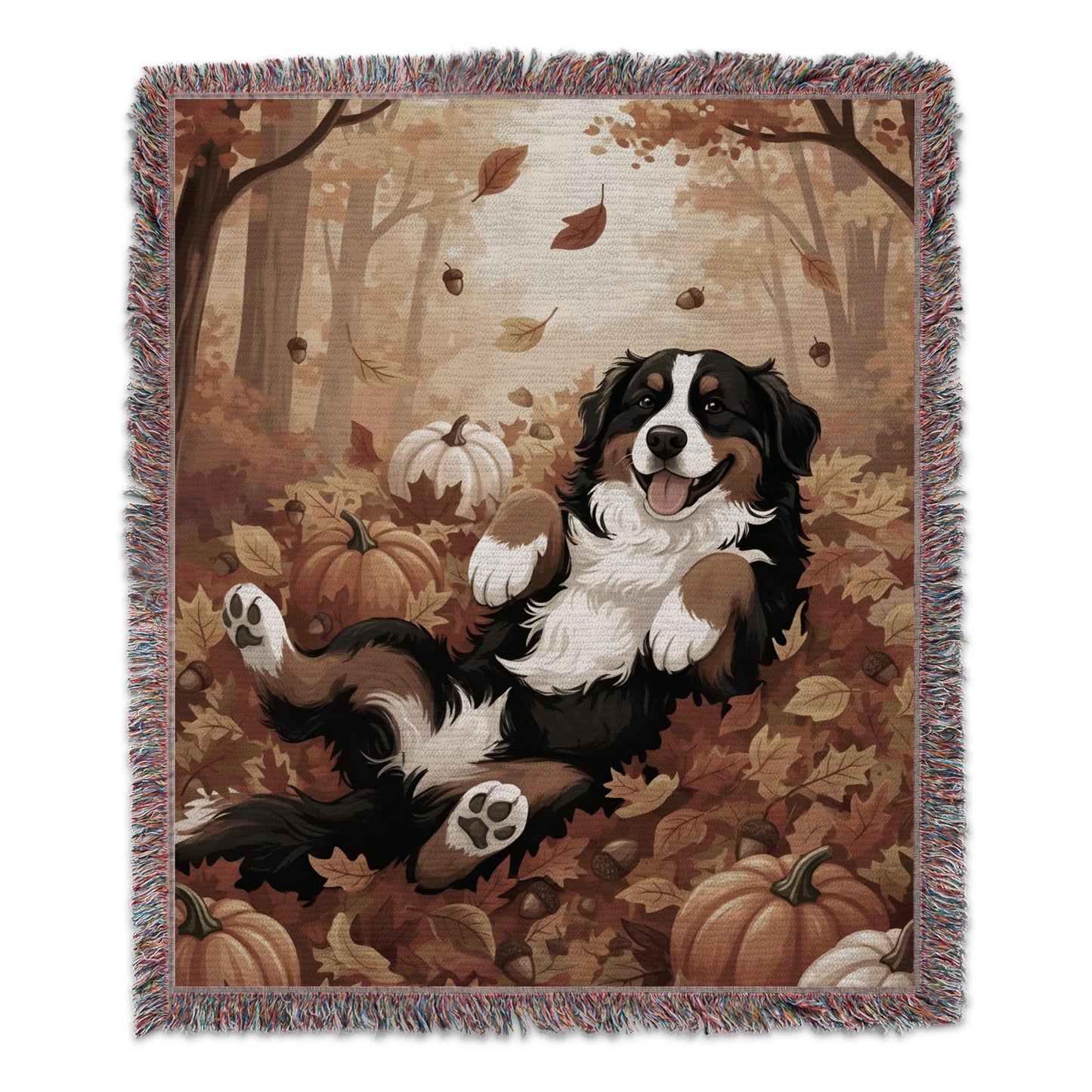 Cozy Autumn Scene With Playful Dog Blanket