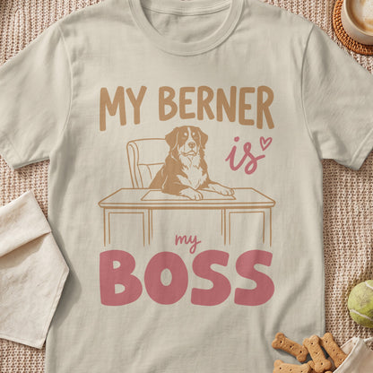My Berner is my BOSS text with a dog sitting at a desk.