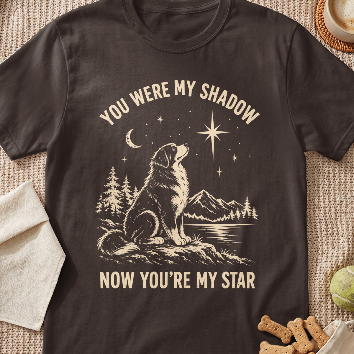 Dog looking at stars with text "You were my shadow, now you're my star."