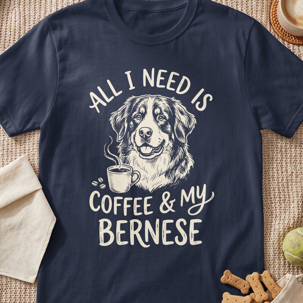 Navy t-shirt with a Bernese dog, coffee cup, and text "All I Need Is Coffee & My Bernese".