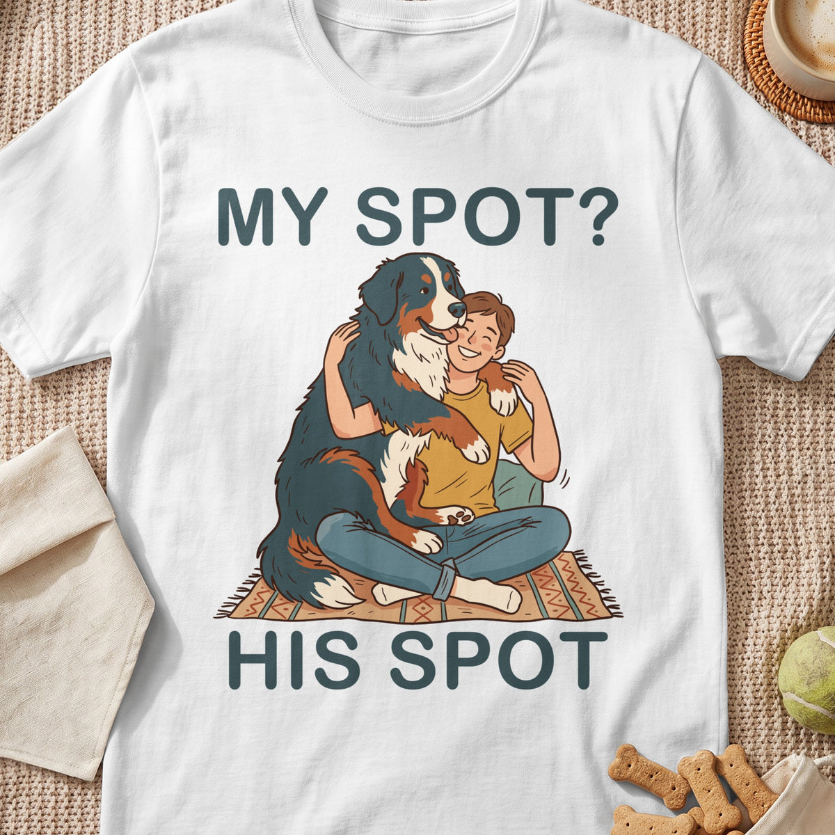 Bernese Mountain Dog hugs person on rug with text "MY SPOT? HIS SPOT".