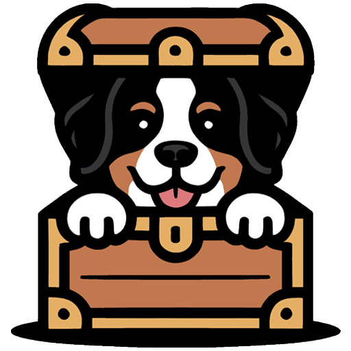 Bernese dog peeking out from a treasure chest.