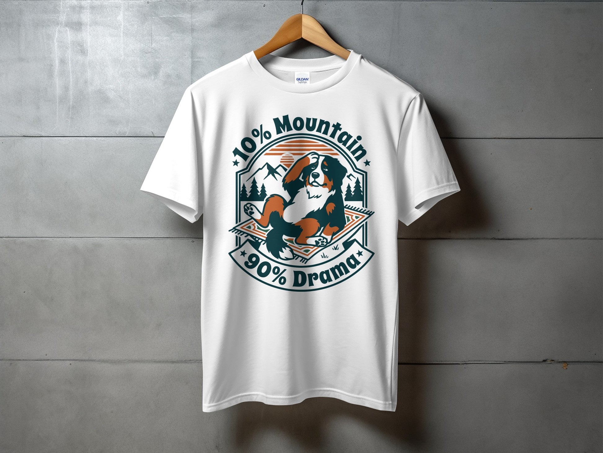 White t-shirt with a distressed graphic of a Bernese Mountain Dog.