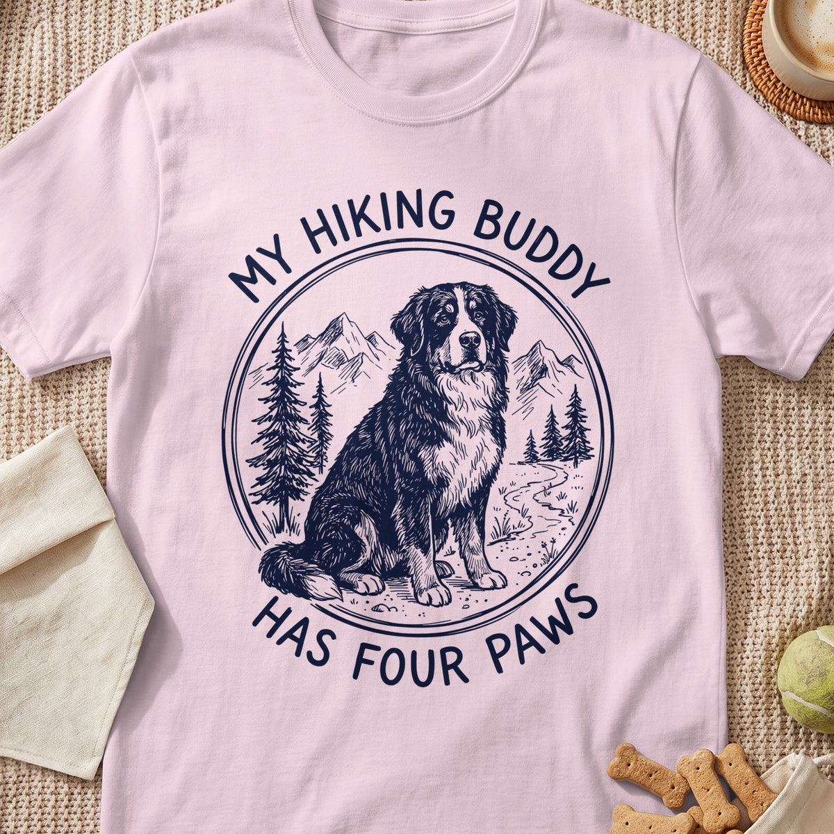 Bernese Mountain Dog sits in circle with mountains and trees; text reads "MY HIKING BUDDY HAS FOUR PAWS".