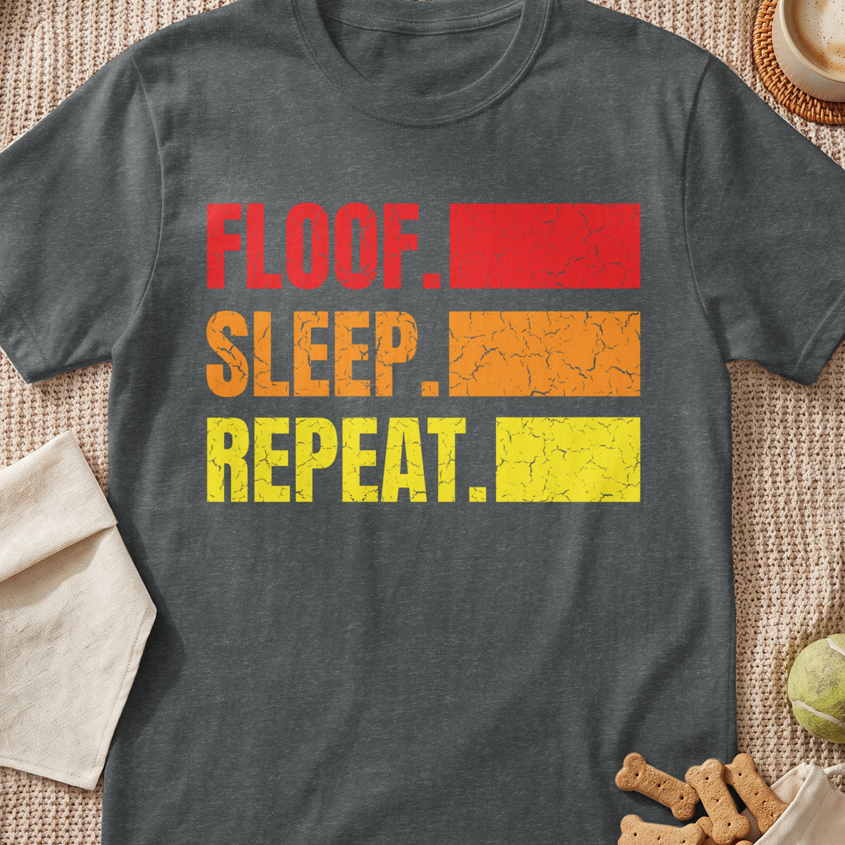 Dark grey t-shirt with "FLOOF. SLEEP. REPEAT." text in distressed red, orange, and yellow.