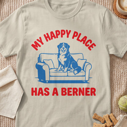 Bernese Mountain Dog on couch graphic with text "My Happy Place Has a Berner"