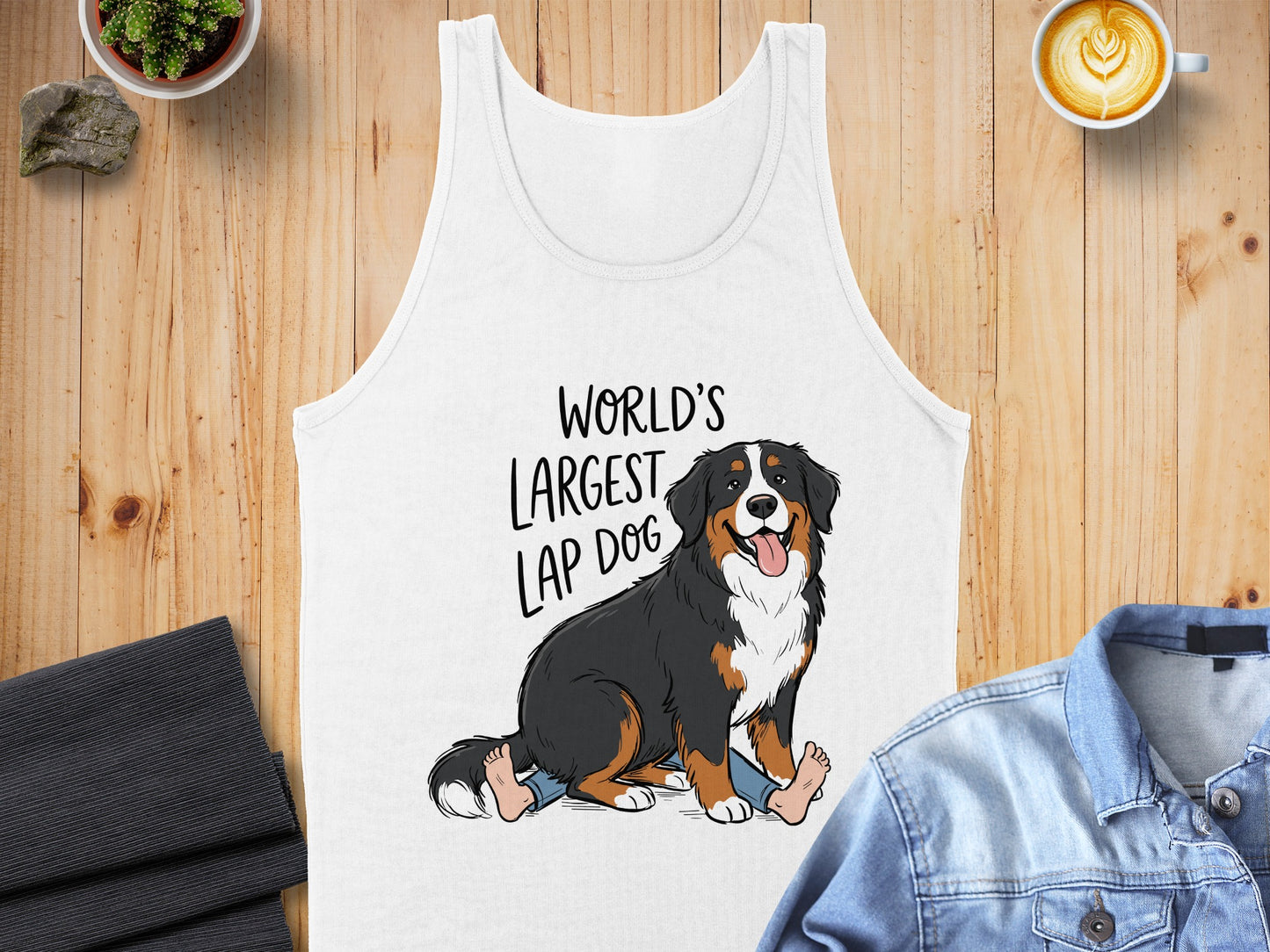 White tank top with "World's Largest Lap Dog" and illustrated Bernese Mountain Dog.