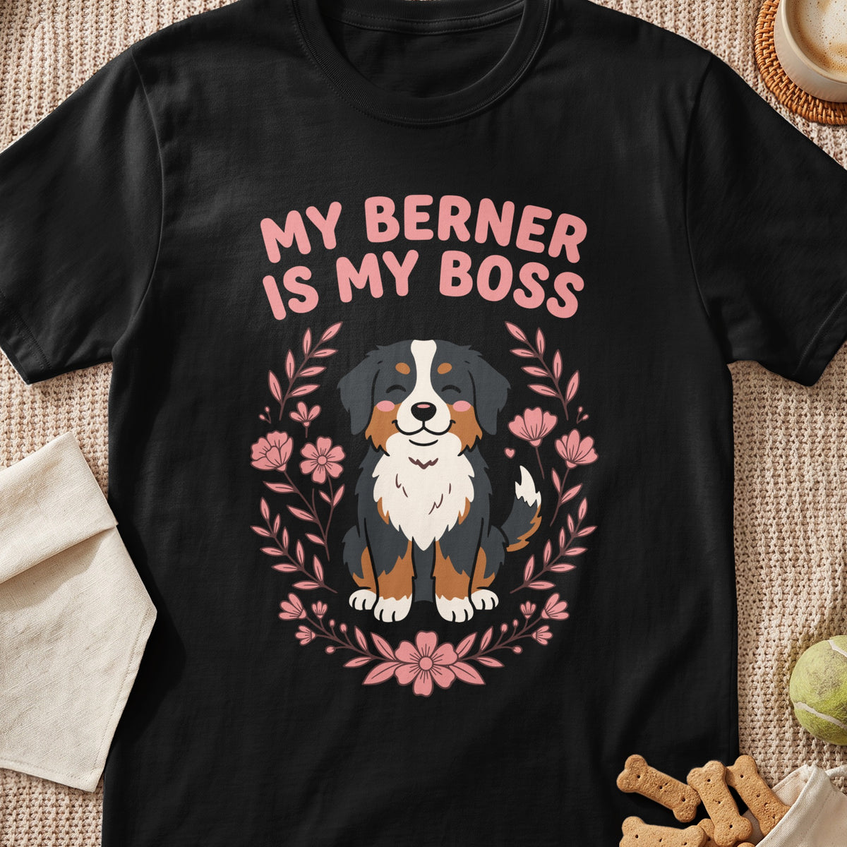 Black t-shirt with "My Berner Is My Boss" and a Bernese Mountain Dog surrounded by flowers.