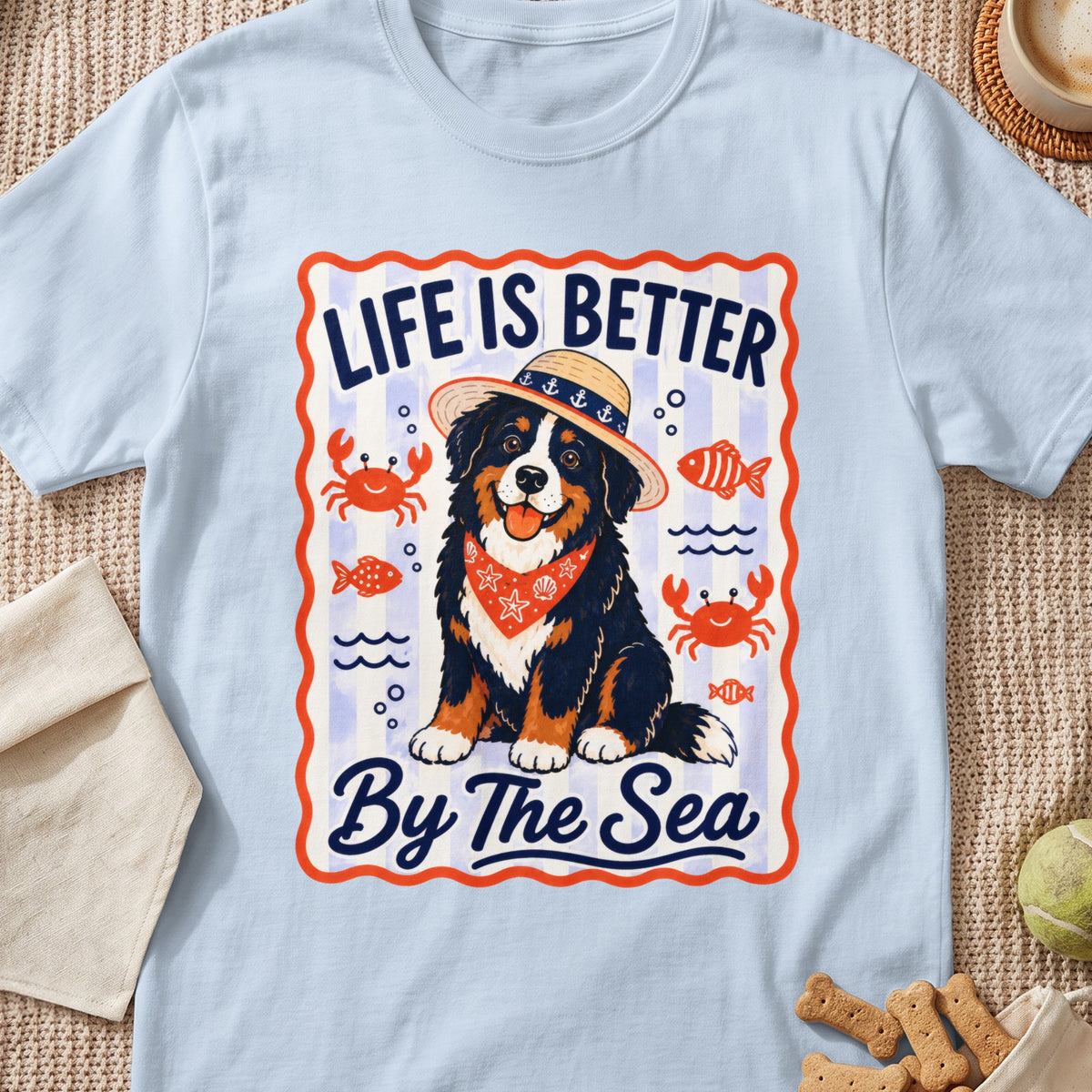Bernese Mountain Dog wearing a straw hat and bandana, text "Life is Better By The Sea."