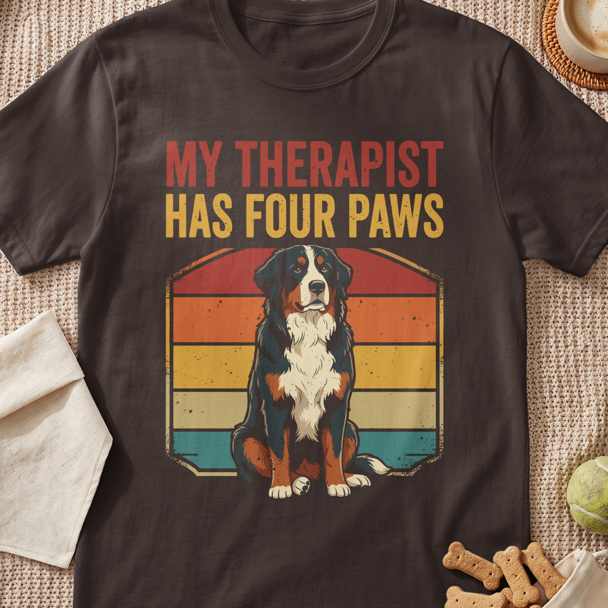 Bernese Mountain Dog with text "MY THERAPIST HAS FOUR PAWS".